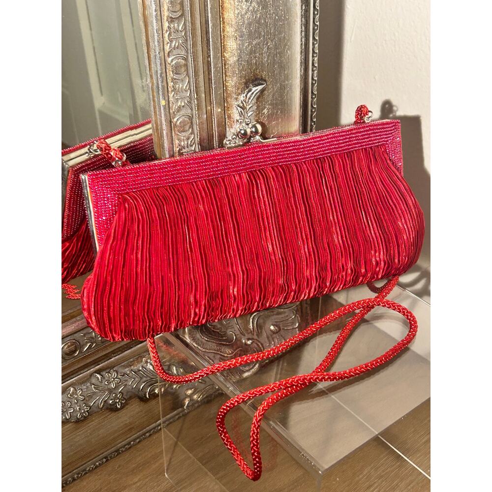 VINTAGE Franchi Red Pleated Satin Evening Clutch Bag | Retail $180